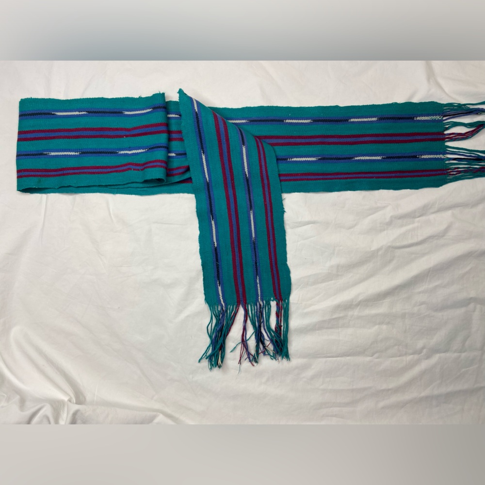Vintage Guatemalan handwoven cotton sash belt  Blue and Red Stripes Fringe